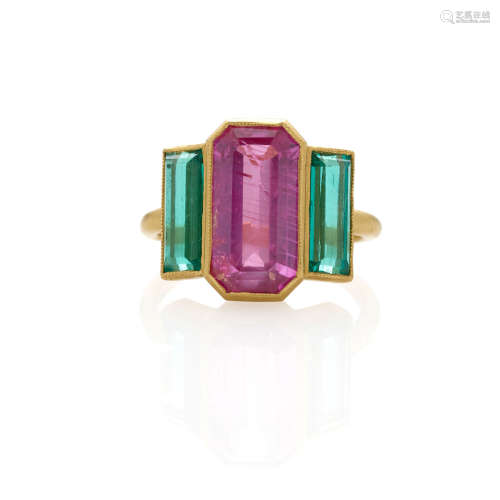 Gold, Pink Sapphire and Emerald Ring
