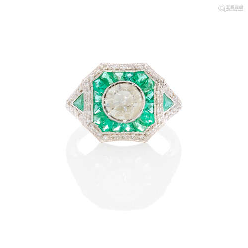 Platinum, Diamond And Emerald Ring