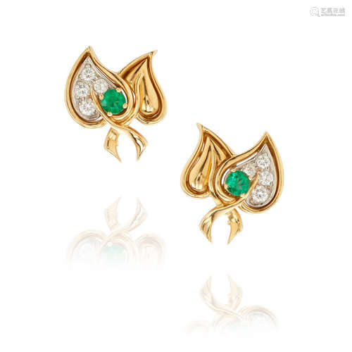 Tiffany & Co: Pair of Gold, Emerald and Diamond Ear Clips