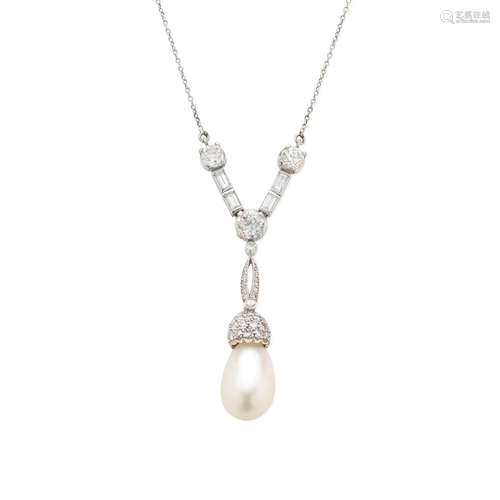 Platinum, Cultured Pearl and Diamond 'Y' Necklace