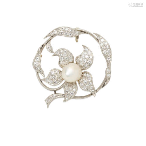 Platinum, Diamond and Pearl Floral Brooch