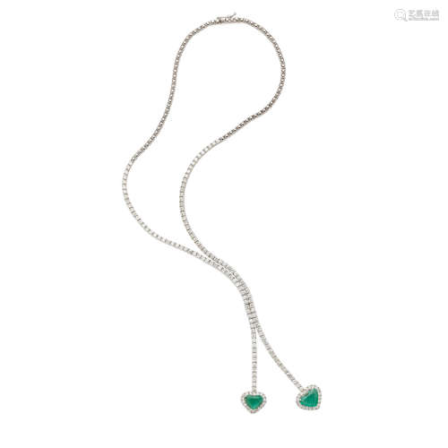 White Gold, Emerald And Diamond 'Y' Necklace