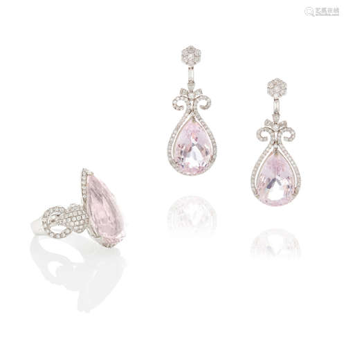 White gold, Kunzite and Diamond Pendant Earrings and Ring