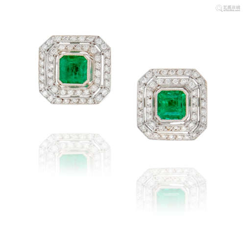 Pair of Platinum, Emerald and Diamond Ear Clips