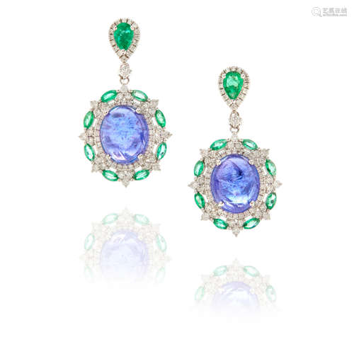 Cirari: Pair of White Gold, Tanzanite, Emerald and Diamond Pendant Earrings