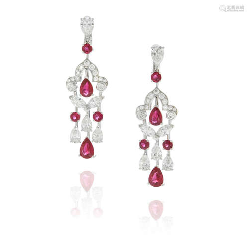 Graff: Pair of White Gold, Ruby and Diamond Pendant Earrings