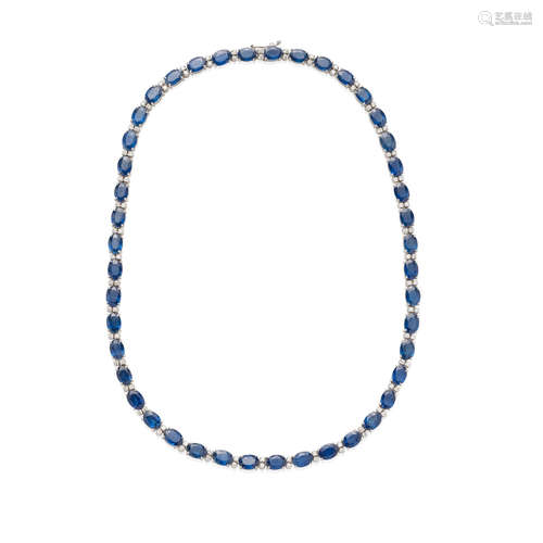 White Gold, Diamond and Sapphire Necklace