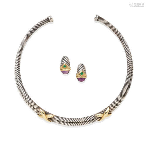 David Yurman: Sterling Silver, and Gold Necklace Together With a Pair of Sterling Silver, Gold, Amethyst and Emerald Ear Clips