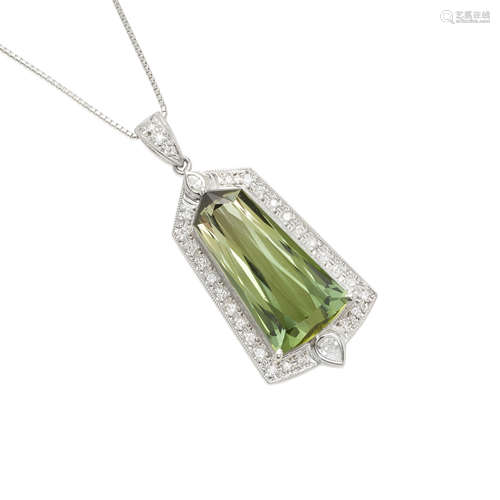 Platinum, Green Tourmaline and Diamond Pendant Necklace