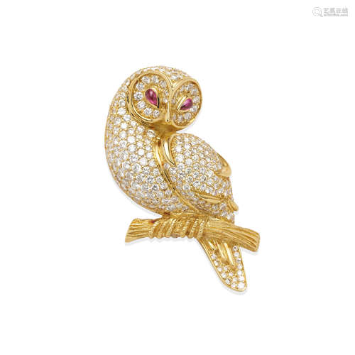 Gold, Diamond and Ruby Owl Brooch