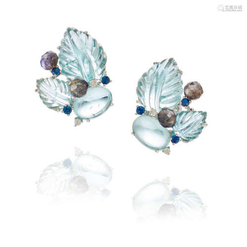 Pair of White Gold, Aquamarine and Sapphire Ear Clips