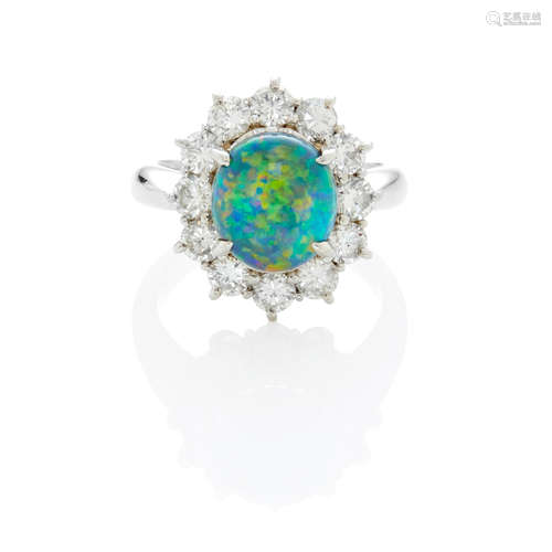 Platinum, Black Opal and Diamond Halo Ring