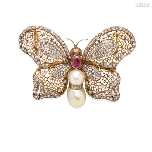 Gold, Diamond, Ruby and Cultured Pearl Brooch