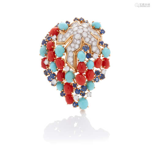 Coral, Turquoise, Diamond and Sapphire Clip Brooch