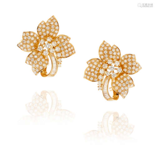 Pair of Gold and Diamond Floral Ear Clips