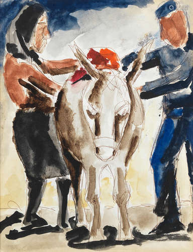 Josef Herman R.A. (British, 1911-2000) Figures and a Donkey