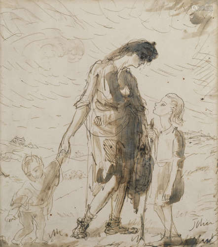 Augustus Edwin John O.M., R.A. (British, 1878-1961) Mother and Children in a Landscape