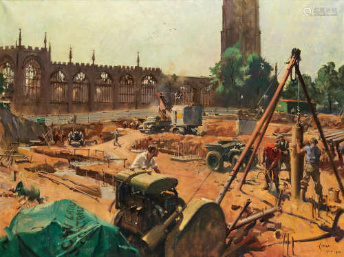 Terence Cuneo (British, 1907-1996) Early Stages of Construction of the New Cathedral Church of St Michael, Coventry