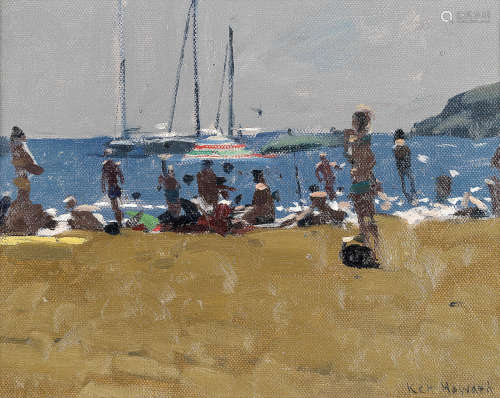Ken Howard R.A. (British, born 1932) Morning Beach, Arrangement in Ochre and Blue