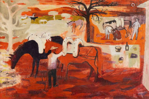 Mary Fedden R.A. (British, 1915-2012) Landscape with Figures and Horses