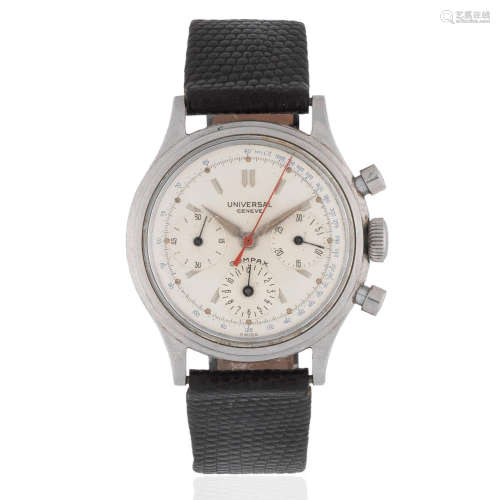 Universal Genève. A stainless steel manual wind calendar chronograph wristwatch Compax, Ref: 22295 3, Circa 1950