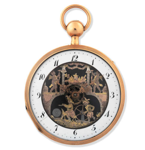 Fres Esquivillon & Dechoudens. A fine and unusual key wind open face quarter repeating pocket watch with automaton 'The Knife Grinder' Circa 1815