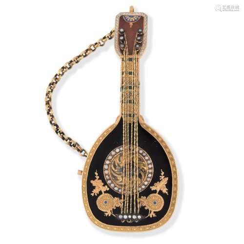 A fine and rare continental gold key wind concealed watch in the form of a mandolin with polychrome enamel decoration Circa 1800