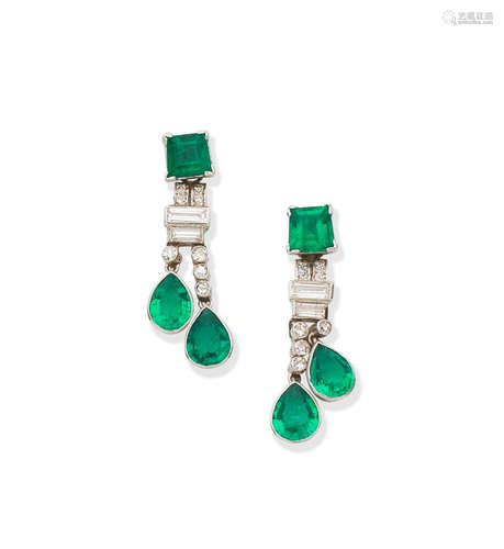 Art Deco emerald and diamond pendent earrings, circa 1930