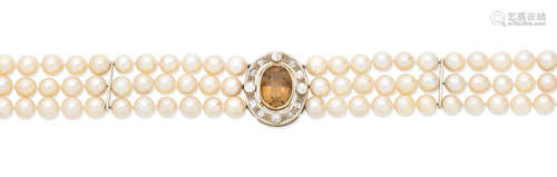 Citrine and cultured pearl choker