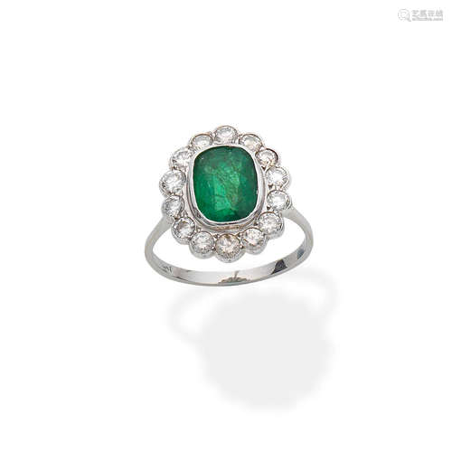 Emerald and diamond cluster ring