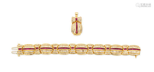 Ruby and diamond bracelet and pendant suite (2)