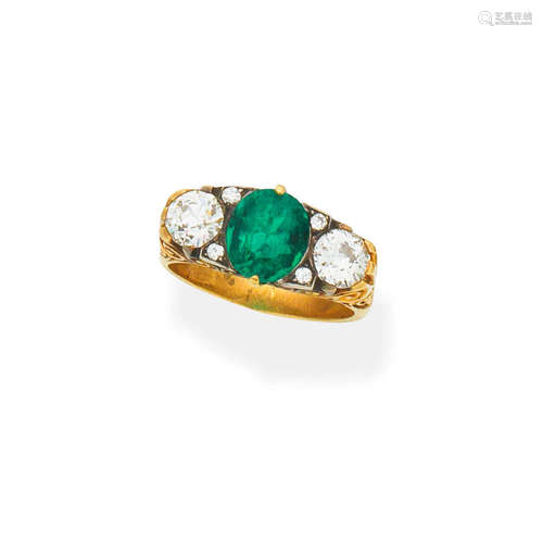 Emerald and diamond three stone ring