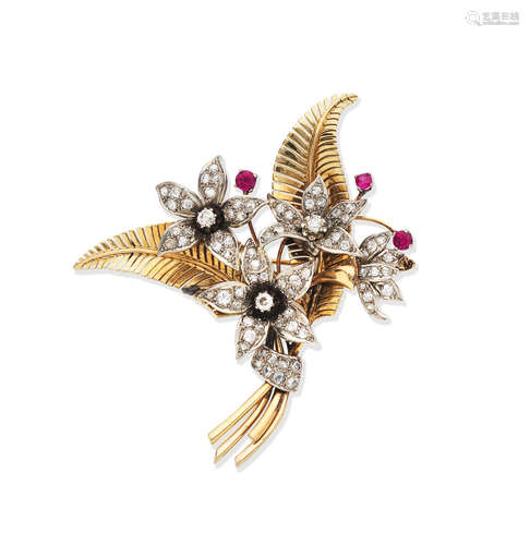 Synthetic ruby and diamond brooch, circa 1950