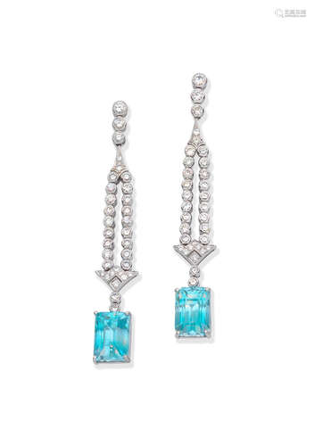 Blue zircon and diamond pendent earrings