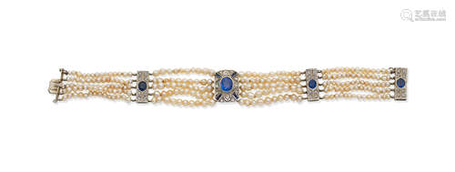 Sapphire, seed pearl and diamond bracelet