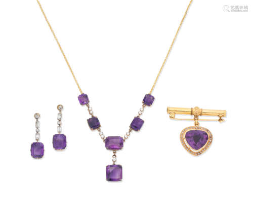 Amethyst necklace, earring and brooch suite