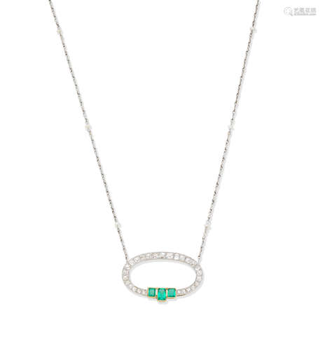 Emerald, diamond and seed pearl necklace