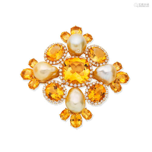 Citrine, cultured pearl and diamond brooch