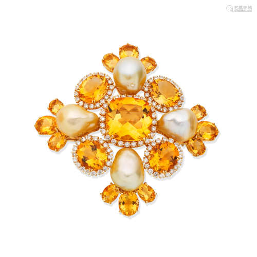 Citrine, cultured pearl and diamond brooch