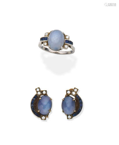 Star sapphire and gem-set ring and earclips, circa 1935 (2)
