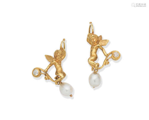 Natural pearl and diamond earrings, circa 1900