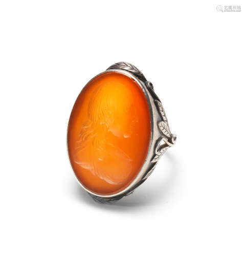 A silver and carnelian intaglio ring, of a man, late 19th century
