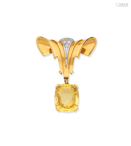 Yellow sapphire and diamond brooch, circa 1940