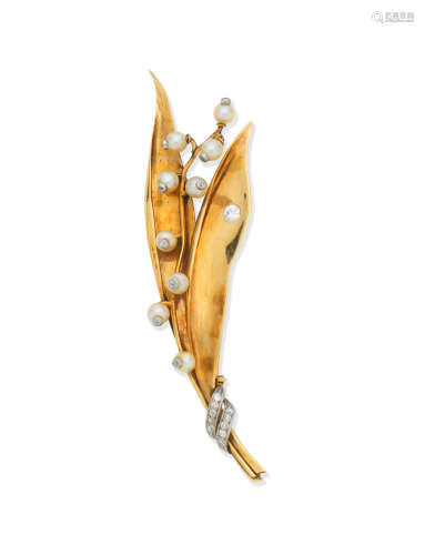Cartier: Cultured pearl and diamond lily of the valley brooch, circa 1950