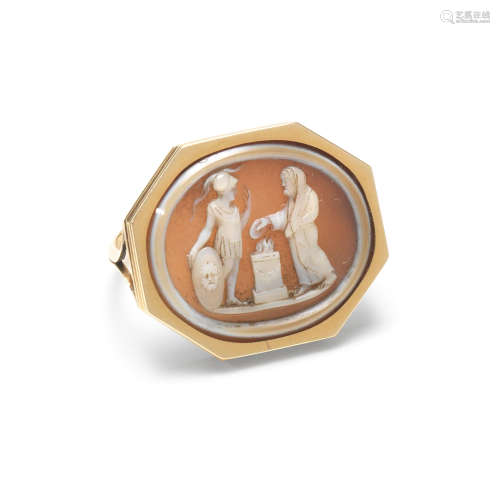 A hardstone cameo ring of a soldier with a priest, 18th century