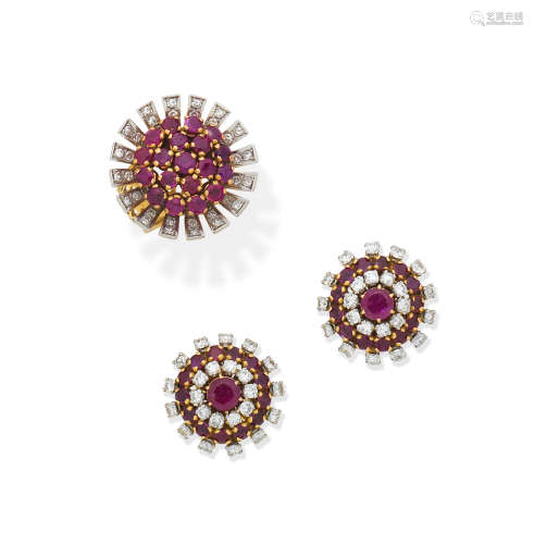 Ruby and diamond ring and earclips suite