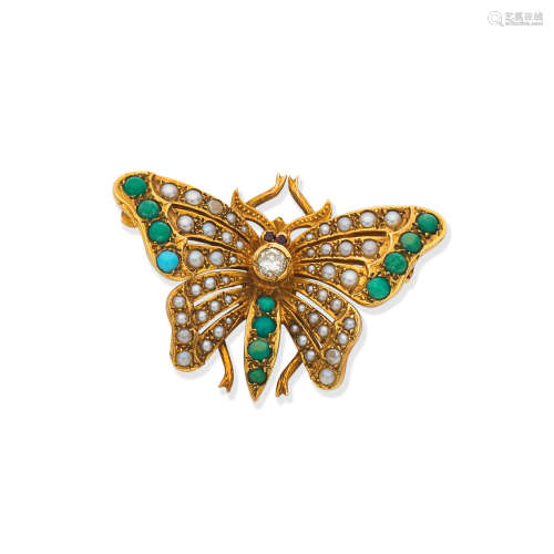 turquoise, pearl and diamond butterfly brooch
