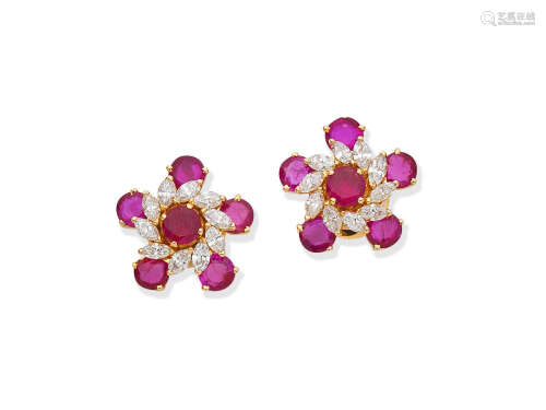 Ruby and diamond cluster earrings