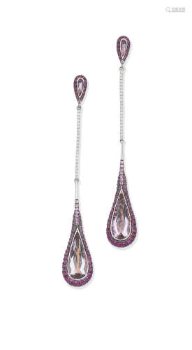 Amethyst, sapphire and diamond pendent earrings