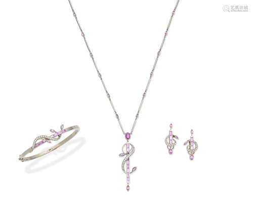 Catherine Best: pink sapphire necklace, bangle and earring suite